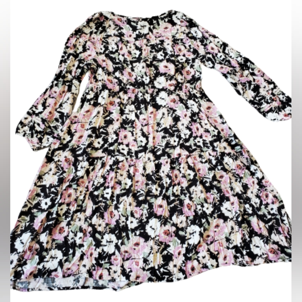 Torrid plus floral swiss dot long sleeves tiered midi dress, 1XL, black - Picture 7 of 13